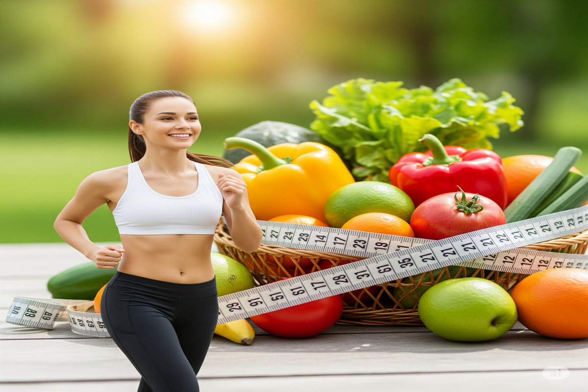 Mulher sorrindo correndo com alimentos saudáveis e fita métrica emagrecimento saudável