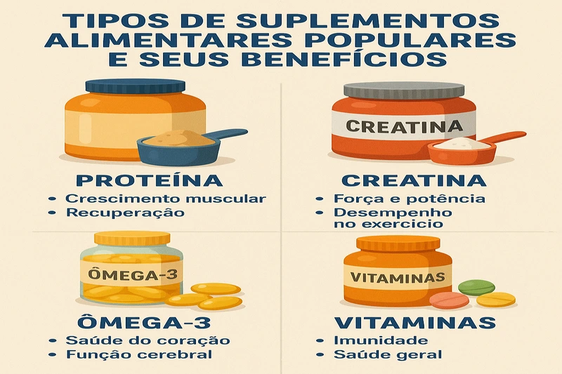 Infográfico Benefícios dos Suplementos Populares (Whey Protein, Vitaminas, Creatina, Ômega-3).