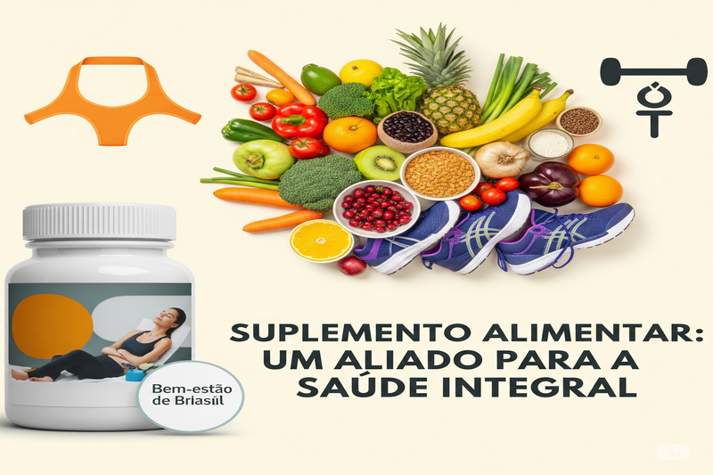 Suplemento Alimentar: Um Aliado Para a Saúde Integral. Imagem de dieta, exercício e bem-estar."