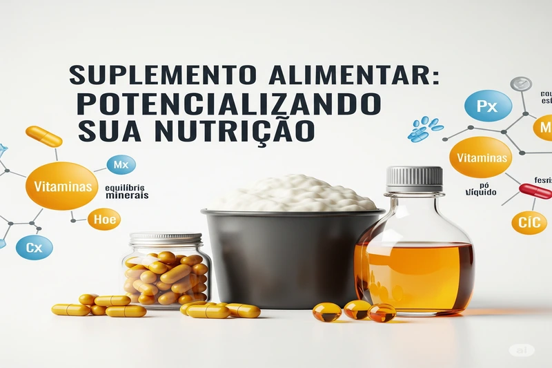 Uma representação visual do conceito de 'Suplemento Alimentar Potencializando Sua Nutrição', mostrando diferentes formatos de suplementos, como cápsulas em um pote de vidro e espalhadas