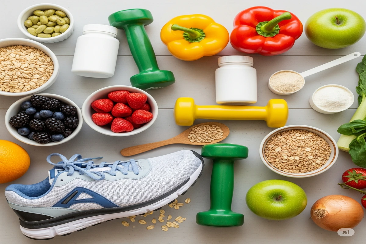 Variedade de suplementos alimentares, alimentos saudáveis e itens de ginástica em uma mesa.