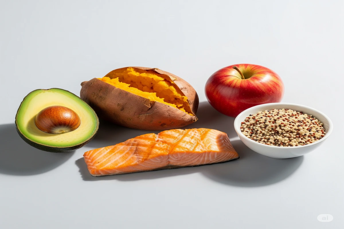alimentos saudáveis para emagrecer, incluindo um abacate cortado, batata-doce assada, um filé de salmão grelhado, uma maçã vermelha e uma tigela de quinoa colorida,