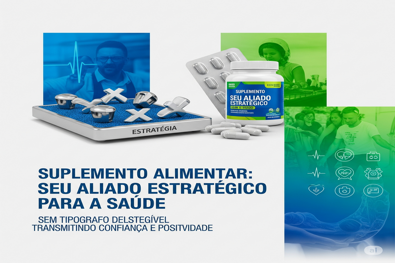 Suplemento Alimentar: Seu Aliado Estratégico para a Saúde. Imagem com elementos de estratégia e bem-estar