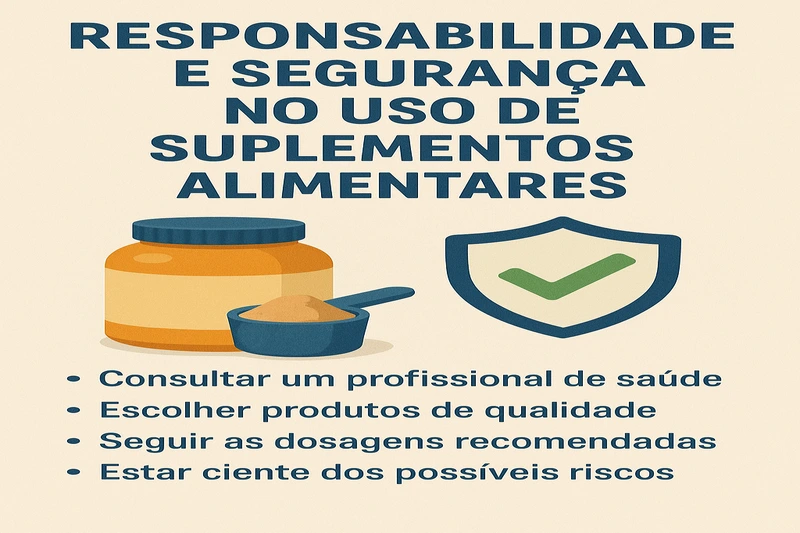 um pote de suplemento, uma colher medidora com pó e um ícone de escudo com check verde, acompanhados de quatro orientações consultar um profissional de saúde, escolher produtos de qualidade,