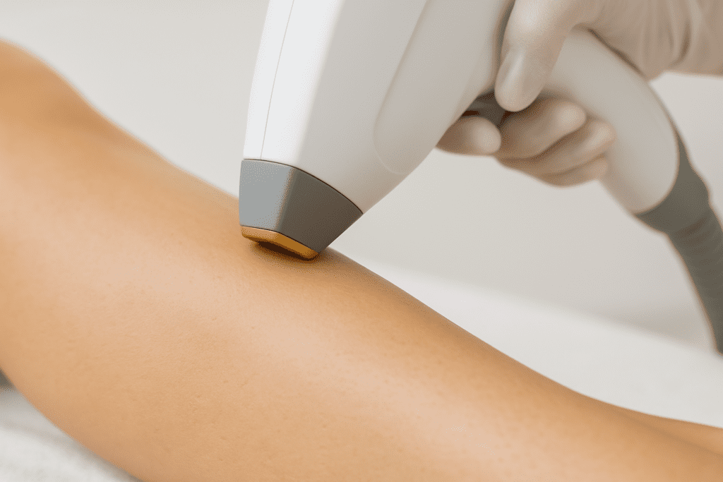 Aparelho de depilação a laser em ação mostrando o equipamento em contato com a pele