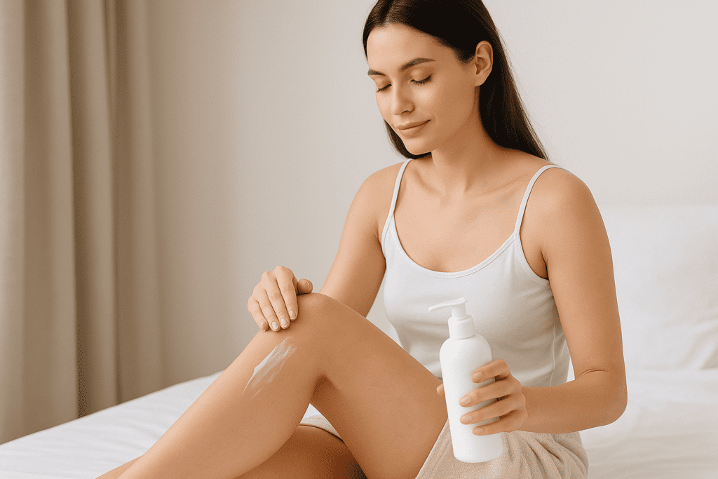 Cuidados pós depilação mulher aplicando hidratante ou usando roupa leve após o procedimento