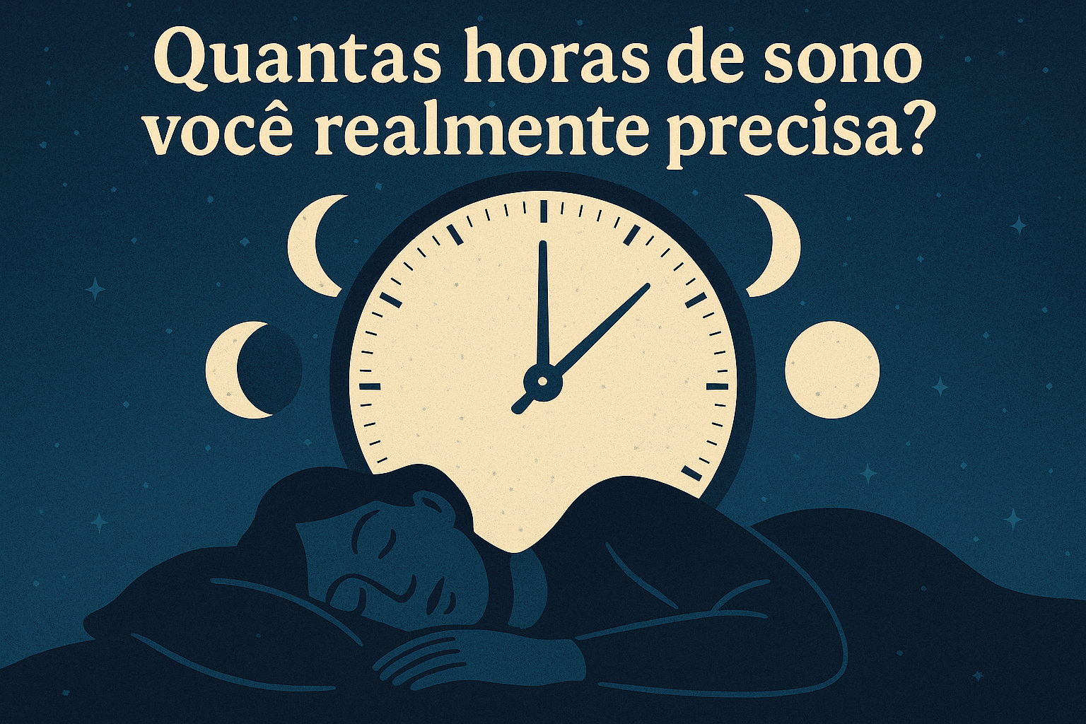 Um relógio ou fases da lua com uma silhueta dormindo, representando o tempo e os ciclos do sono Quantas horas de sono você realmente precisa