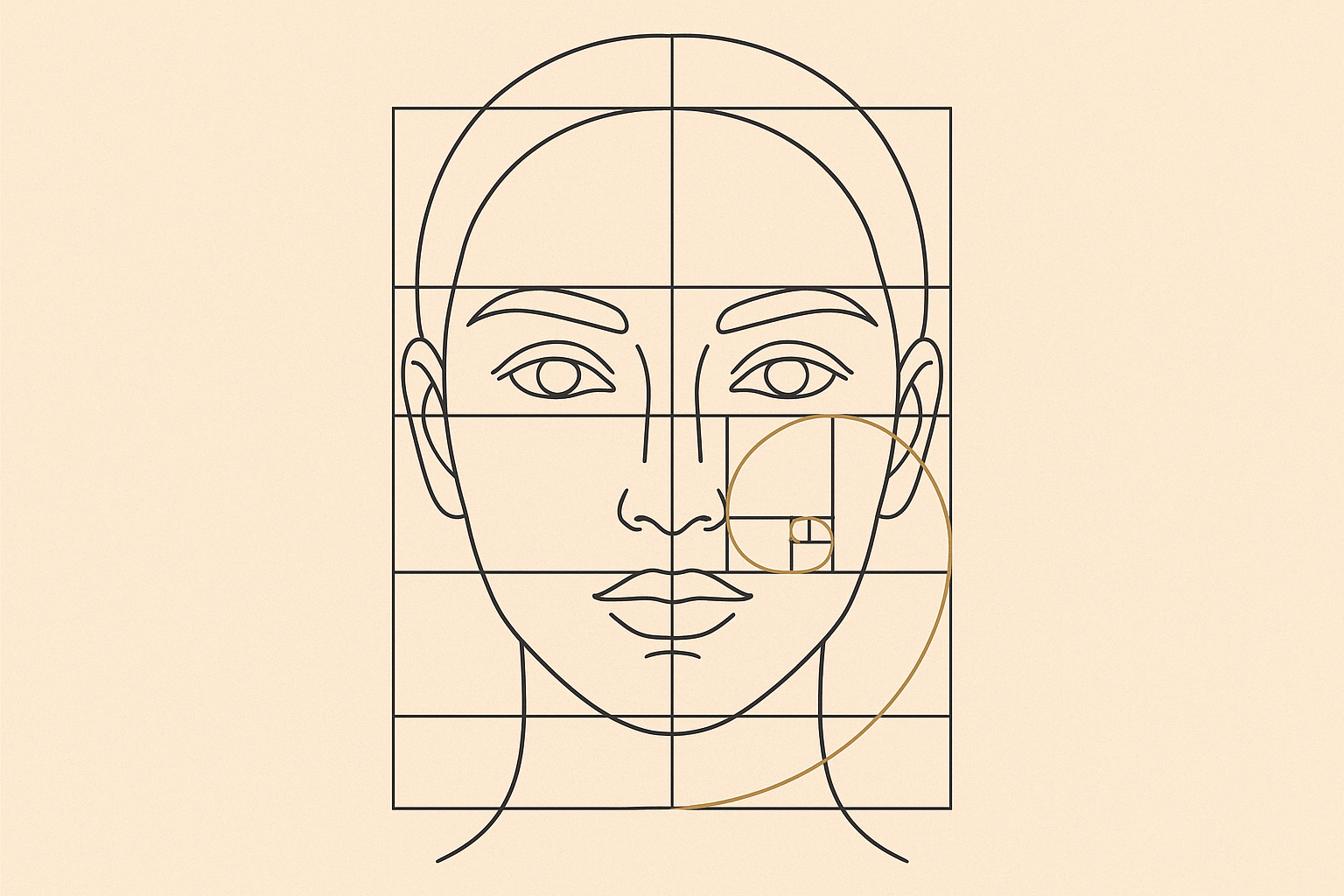 Uma imagem gráfica ou ilustração elegante mostrando as linhas de simetria Harmonização Facial