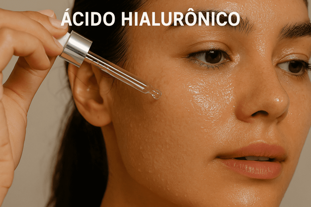 Uma mão aplicando sérum com um conta gotas no rosto 