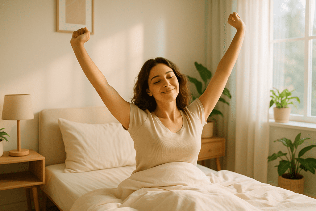 Uma pessoa acordando e se espreguiçando com uma expressão descansada A Relação Íntima entre Sono Ansiedade e Depressão