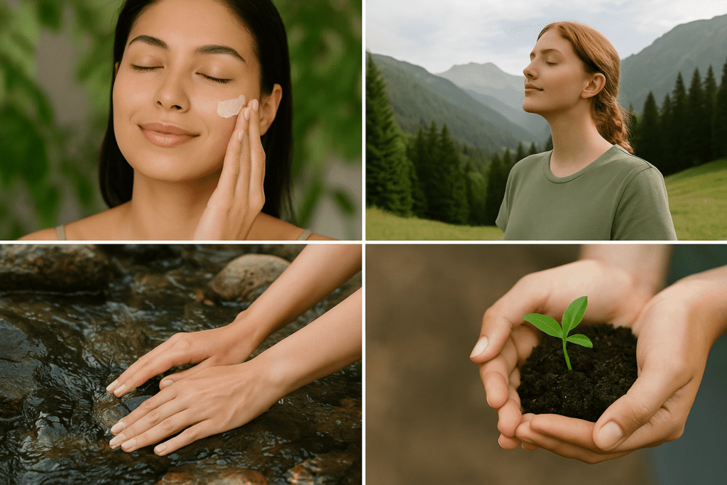 Uma pessoa com expressão serena e olhos fechados como se estivesse desfrutando de um momento de autocuidado com produtos naturais