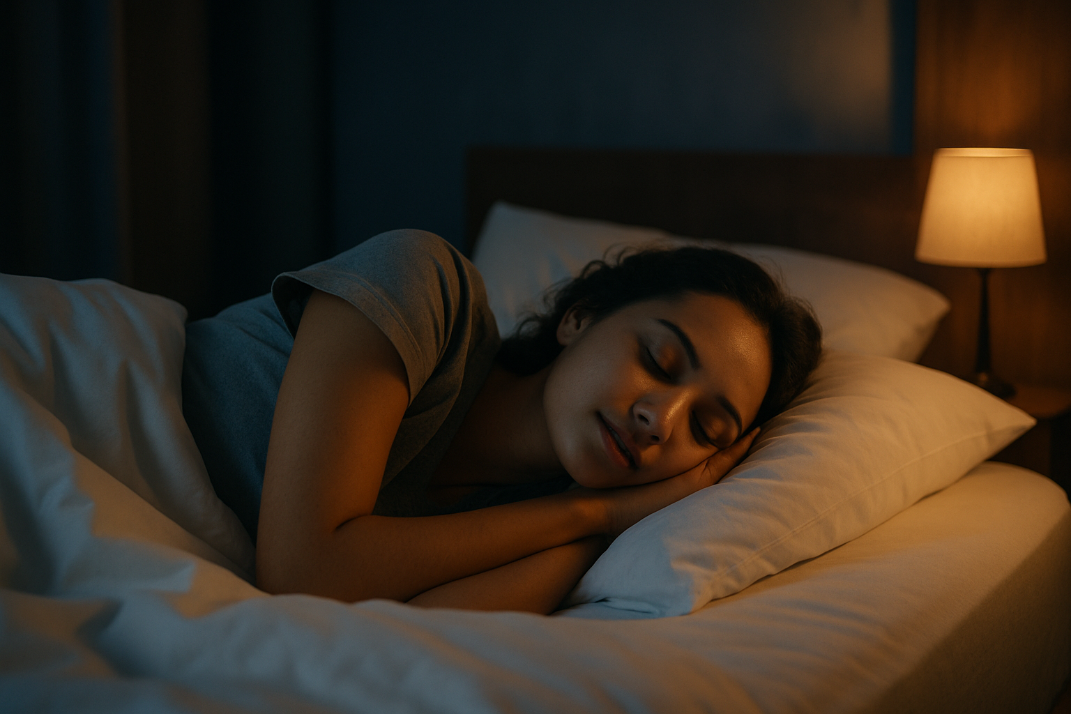 Uma pessoa dormindo pacificamente em uma cama confortável, em um quarto escuro ou com iluminação suave e aconchegante REM Profundo As Fases do Sono