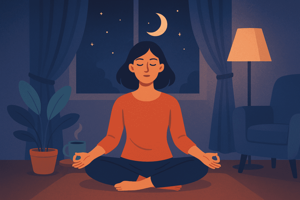 Uma pessoa meditando serenamente, fazendo exercícios de respiração Melhorando o Sono e a Saúde Mental