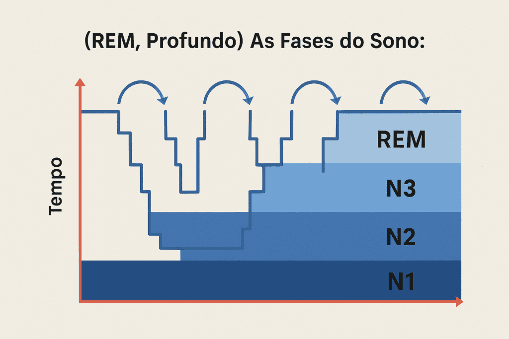 gráfico ou infográfico simples que ilustre as fases do sono (N1, N2, N3, REM) se repetindo em ciclos ao longo da noite gráfico ciclo do sono