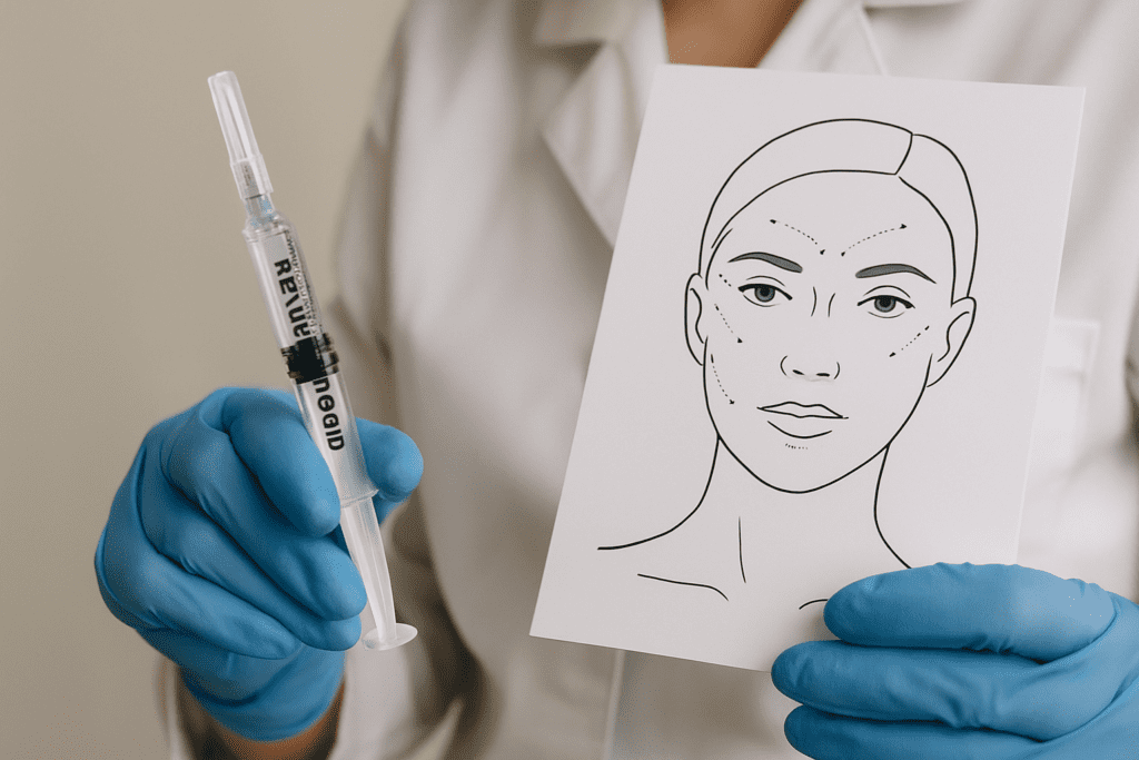 mãos com luvas de um profissional de saúde um diagrama do rosto