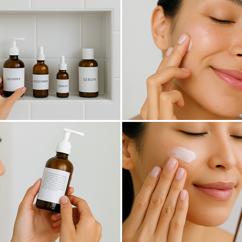 organizando produtos Clean Beauty em uma prateleira de banheiro