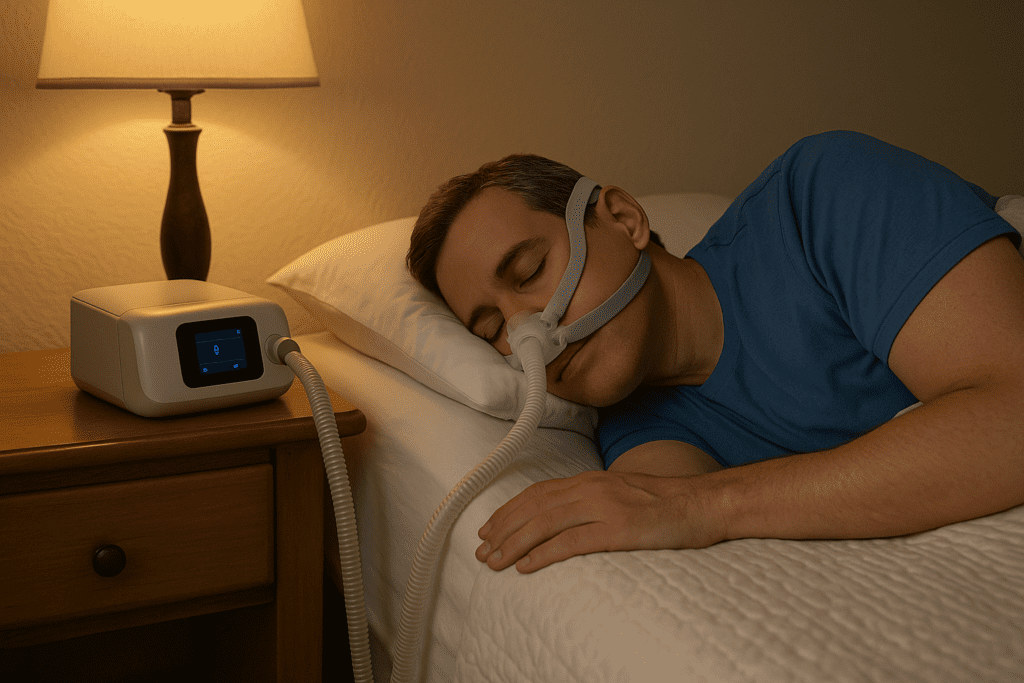 pessoa dormindo pacificamente e confortavelmente usando um aparelho CPAP moderno 