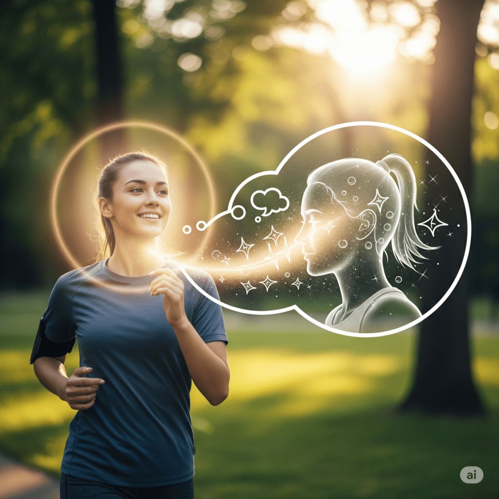 A imagem ilustra os efeitos positivos do exercício na saúde mental e no bem-estar, mostrando uma pessoa a correr num parque com uma expressão otimista