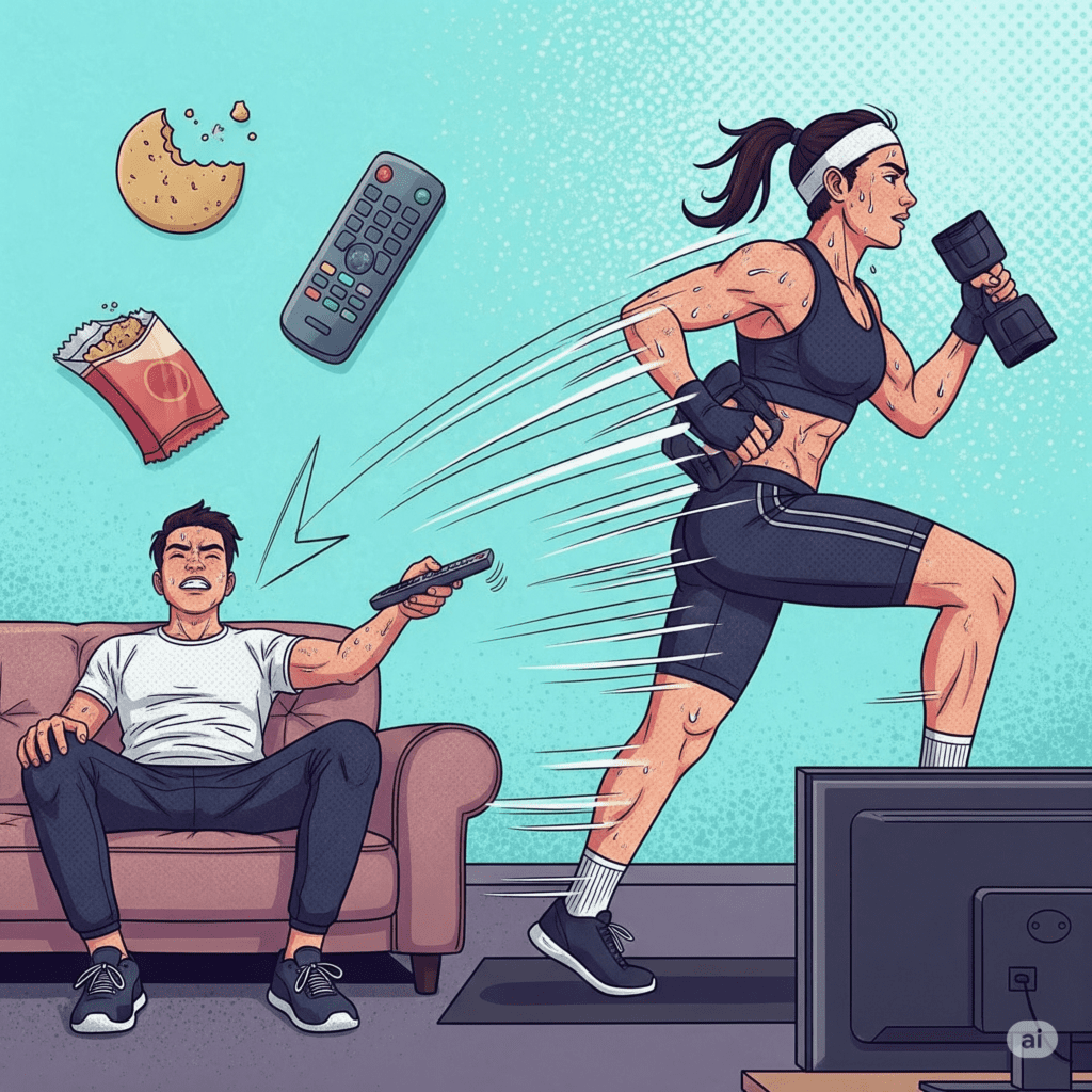 A imagem ilustra uma pessoa a superar a inércia inicial e a adotar um estilo de vida ativo, vencendo os desafios comuns relacionados ao exercício manter a motivação para se exercitar regularmente