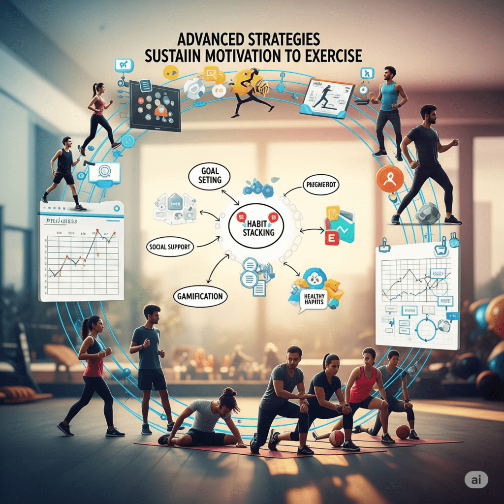 A imagem ilustra várias estratégias avançadas para manter a motivação para o exercício manter a motivação para se exercitar regularmente