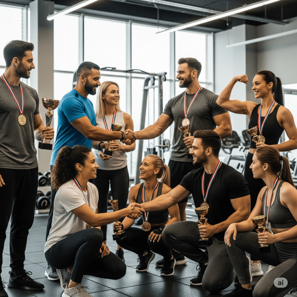(Celebração) Grupo diverso celebrando o ganho de massa muscular com sorrisos, linguagem corporal positiva e troféus.