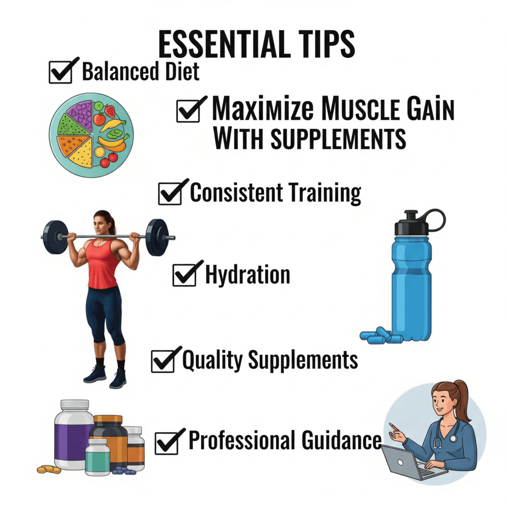 Checklist com dicas para ganho de massa muscular dieta, treino, hidratação, suplementos de qualidade e orientação profissional.