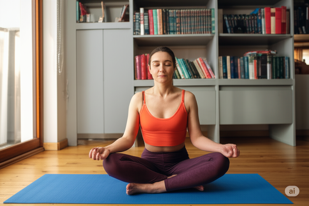 "Estratégias eficazes contra estresse e ansiedade: mulher praticando yoga e meditação em casa."