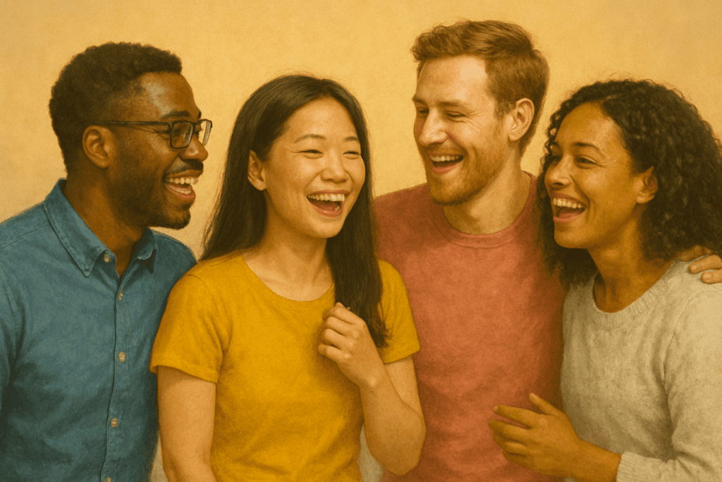 Grupo diverso de pessoas a interagir alegremente representando habilidades sociais