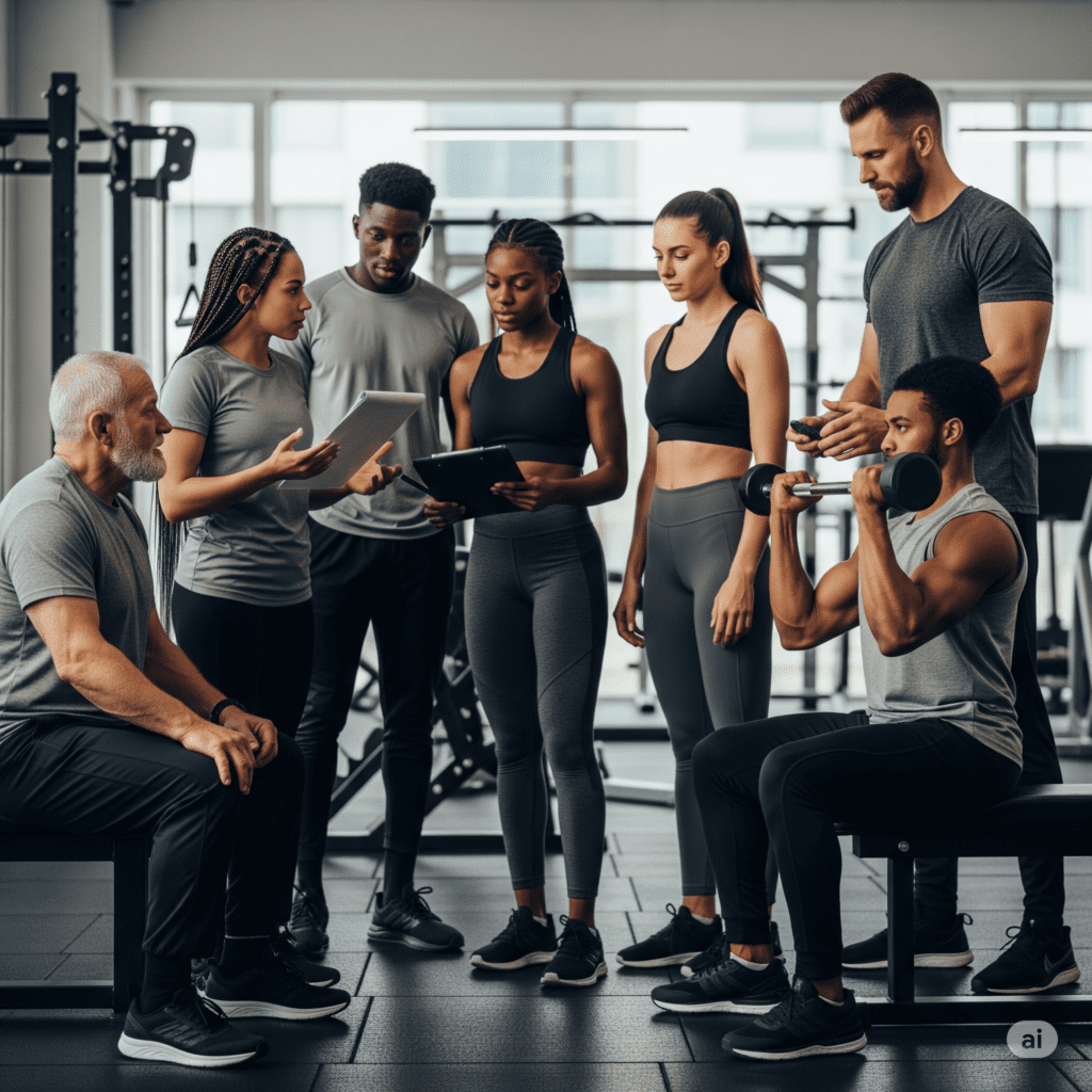 (Orientação Profissional) Pessoas diversas consultando nutricionista e personal trainer para ganho de massa muscular personalizado.