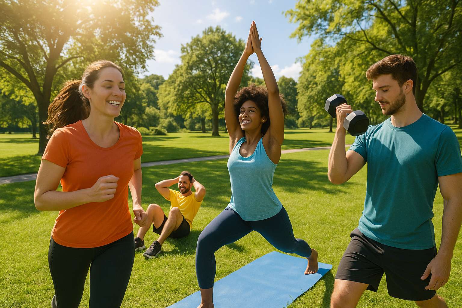 Pessoas a fazerem diferentes tipos de exercício num ambiente ao ar livre e ensolarado Saúde Mental e Exercício Físico