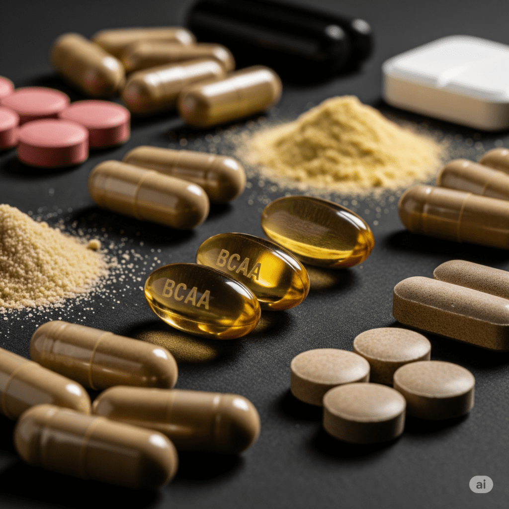 Suplementos de aminoácidos BCAAs, creatina, glutamina em fundo escuro, destacando a importância para o crescimento muscular.