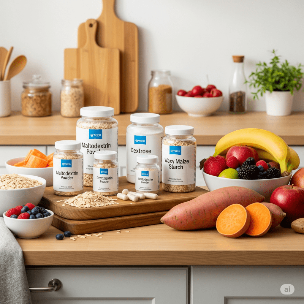 Suplementos de carboidratos maltodextrina, dextrose, waxy maize  e fontes saudáveis aveia, batata doce, frutas em ambiente de cozinha.