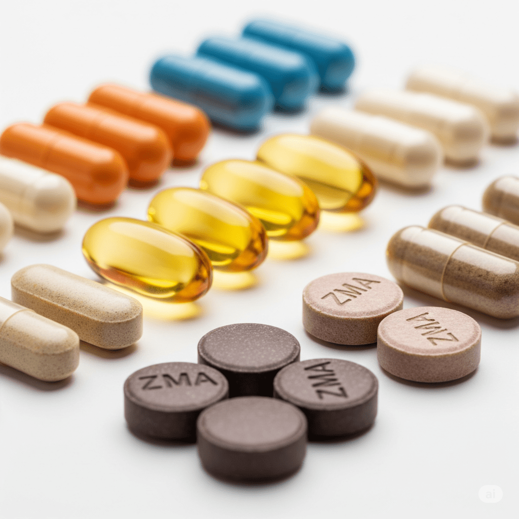 Suplementos de vitaminas e minerais multivitamínicos, vitamina D, ZMA para saúde e ganho de massa muscular.