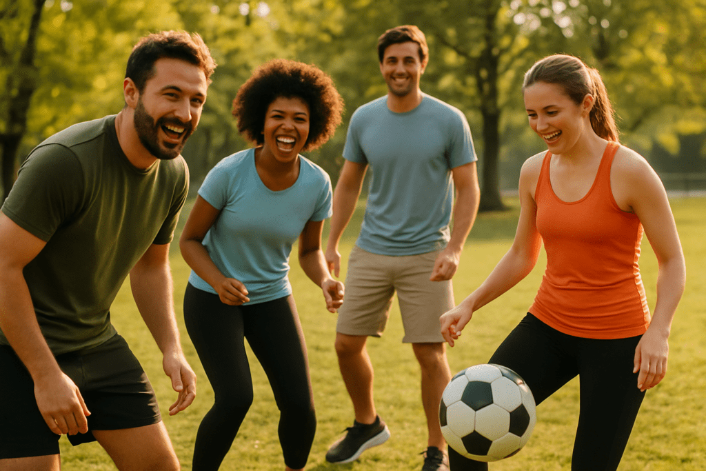 Um grupo de pessoas a interagir e a divertirem-se enquanto praticam um desporto de equipe