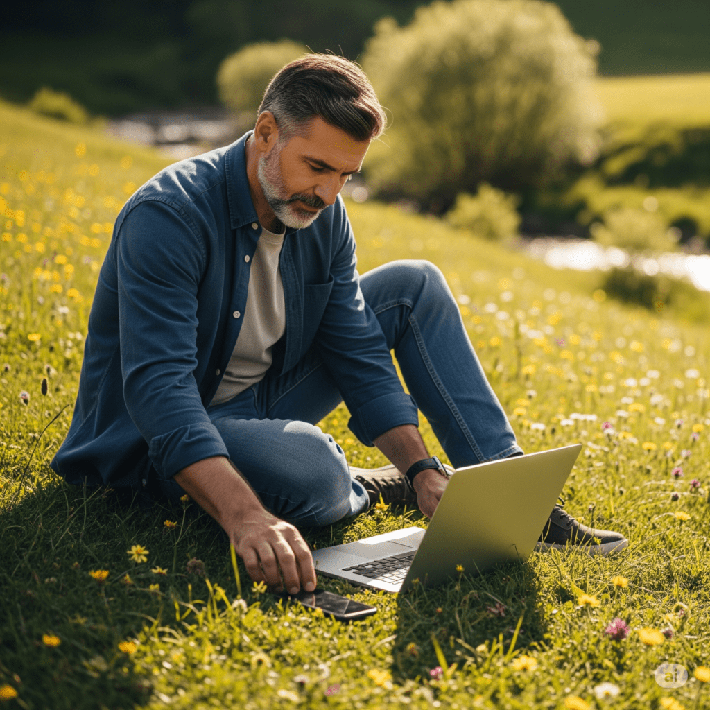 "Homem desligando dispositivos digitais na natureza para proteger a mente do excesso de notícias e mídias sociais."