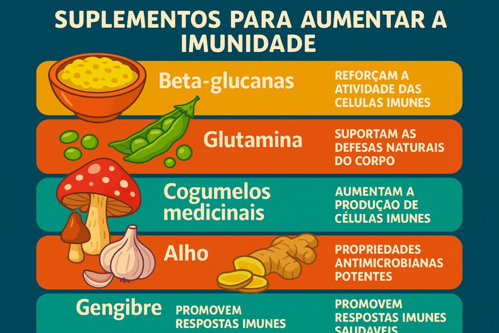 Um infográfico vibrante e colorido que apresenta suplementos menos comuns, porém promissores, para aumentar a imunidade, incluindo betaglucanas, glutamina, cogumelos medicinais, alho e gengibre. 