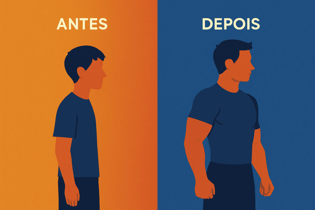 Uma comparação visual antes e depois do desenvolvimento muscular com o tempo