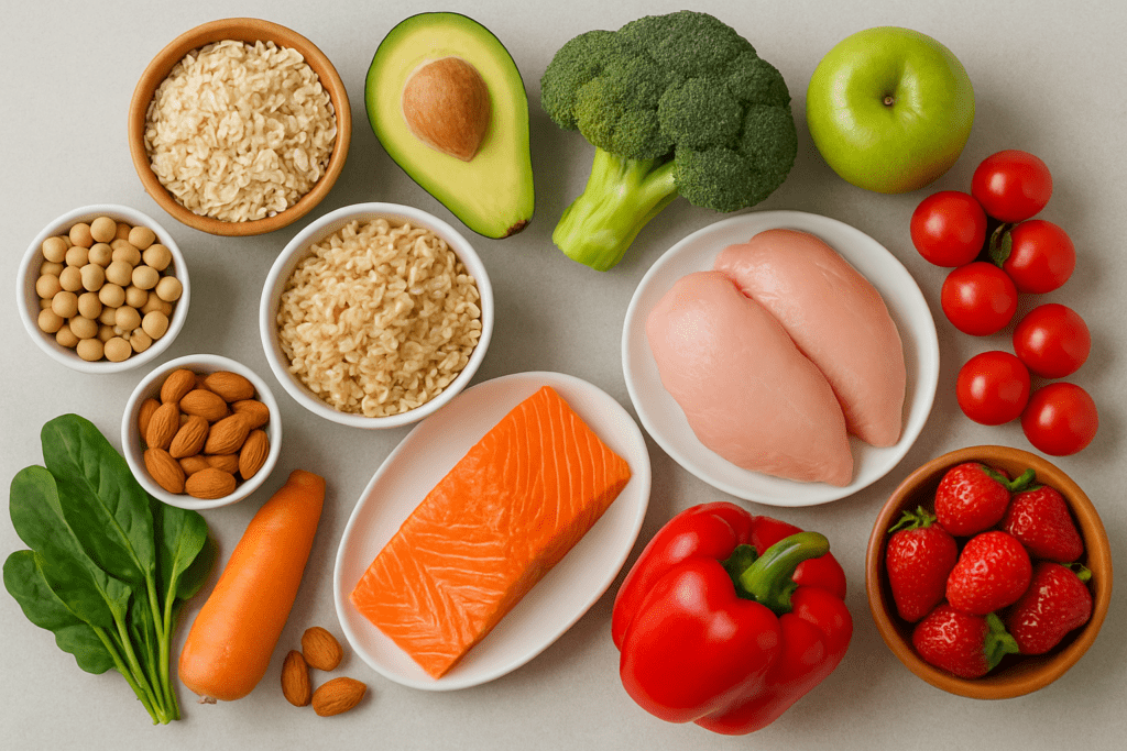 Uma imagem de uma variedade de alimentos saudáveis e coloridos como frutas vegetais grãos integrais e proteínas magras Emagrecimento Sustentável