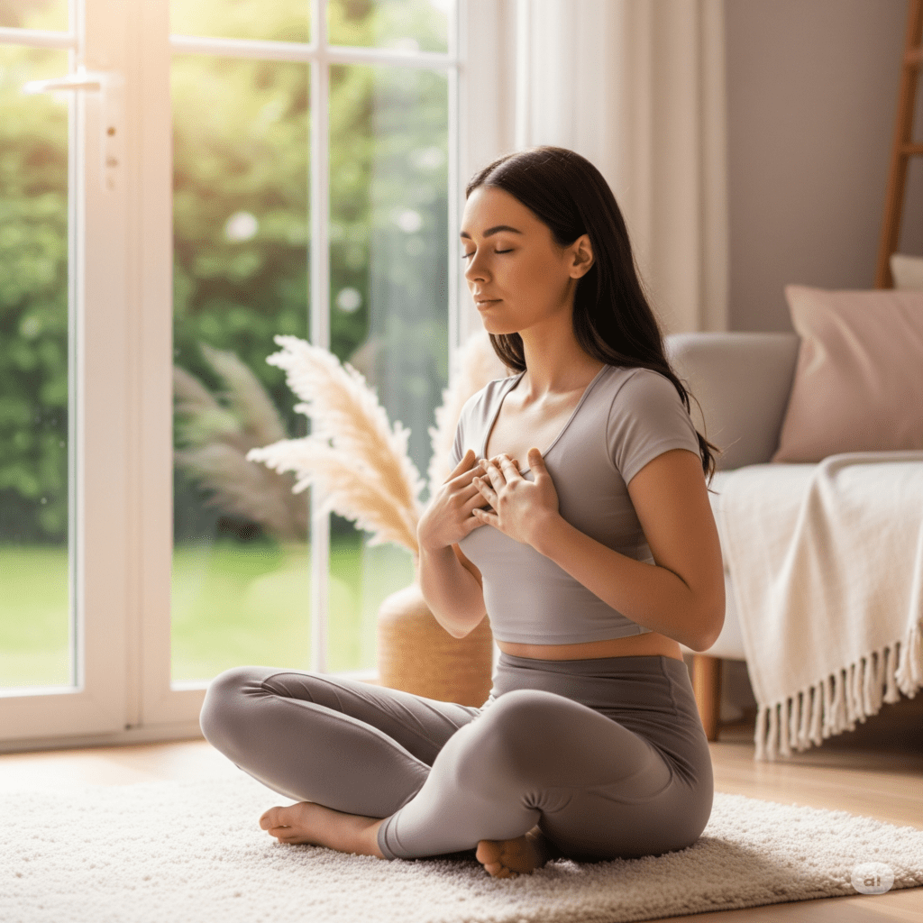 Mulher em pose de meditação praticando respiração consciente para aliviar o estresse.