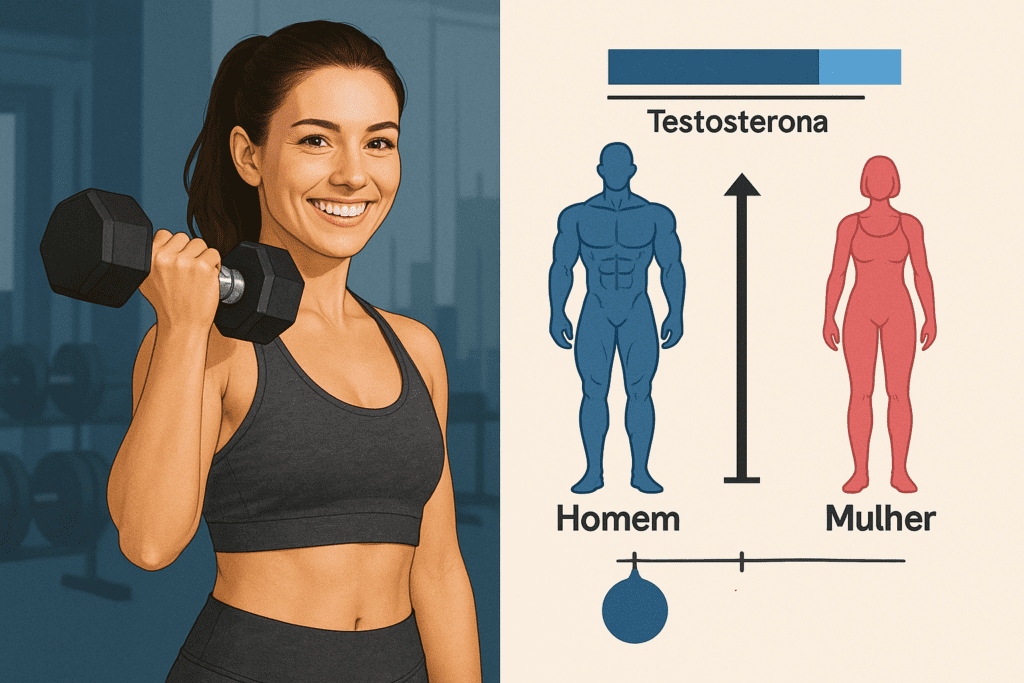 Uma mulher forte e atlética, sorrindo e levantando pesos em uma academia.