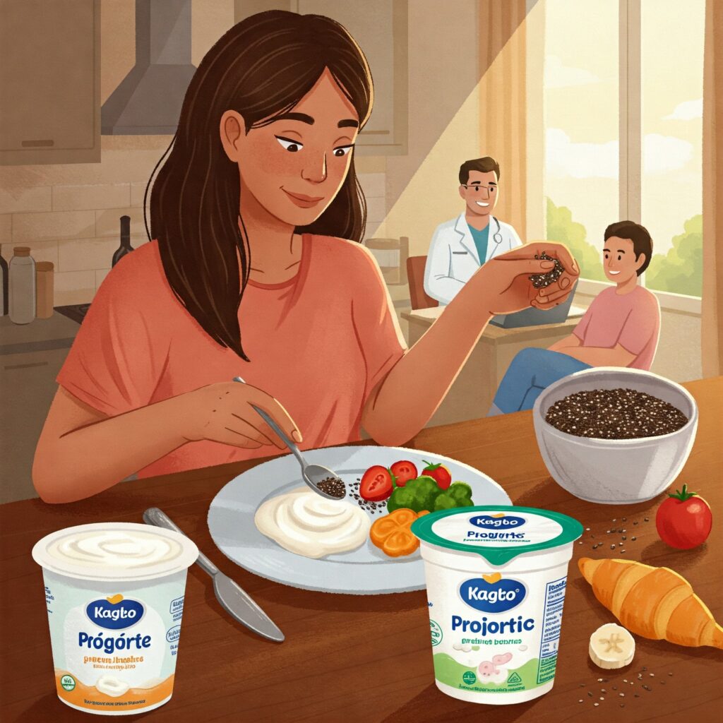 Uma mulher na messa com alimentos saudáveis 