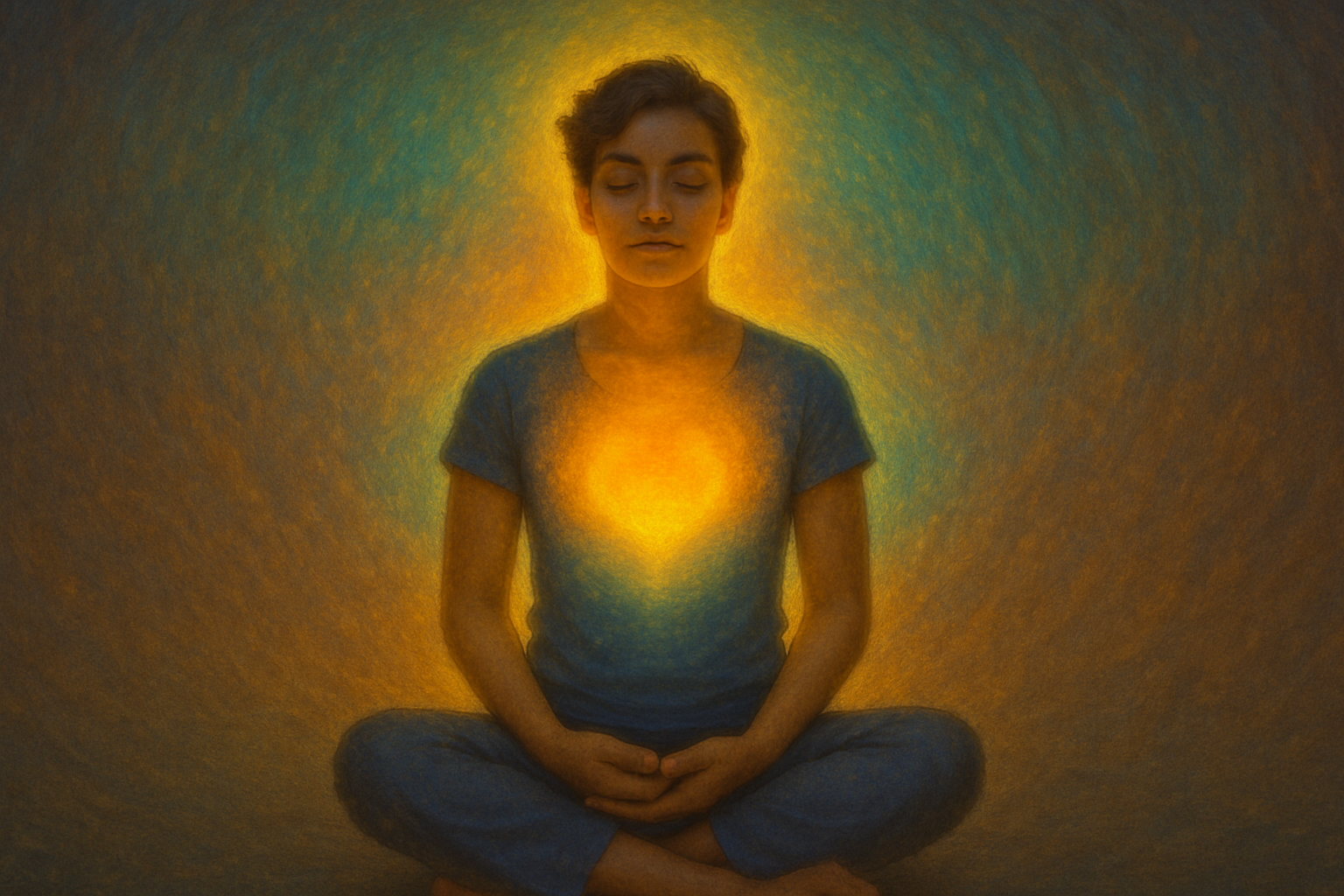 Uma pessoa a meditar com uma aura brilhante a representar a consciência emocional