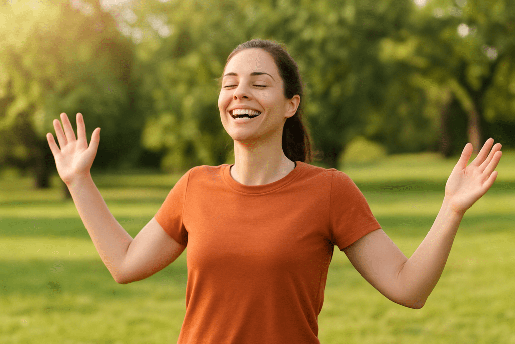  Uma pessoa a sentir-se visivelmente mais leve, sorridente e energizada após a prática de exercício.