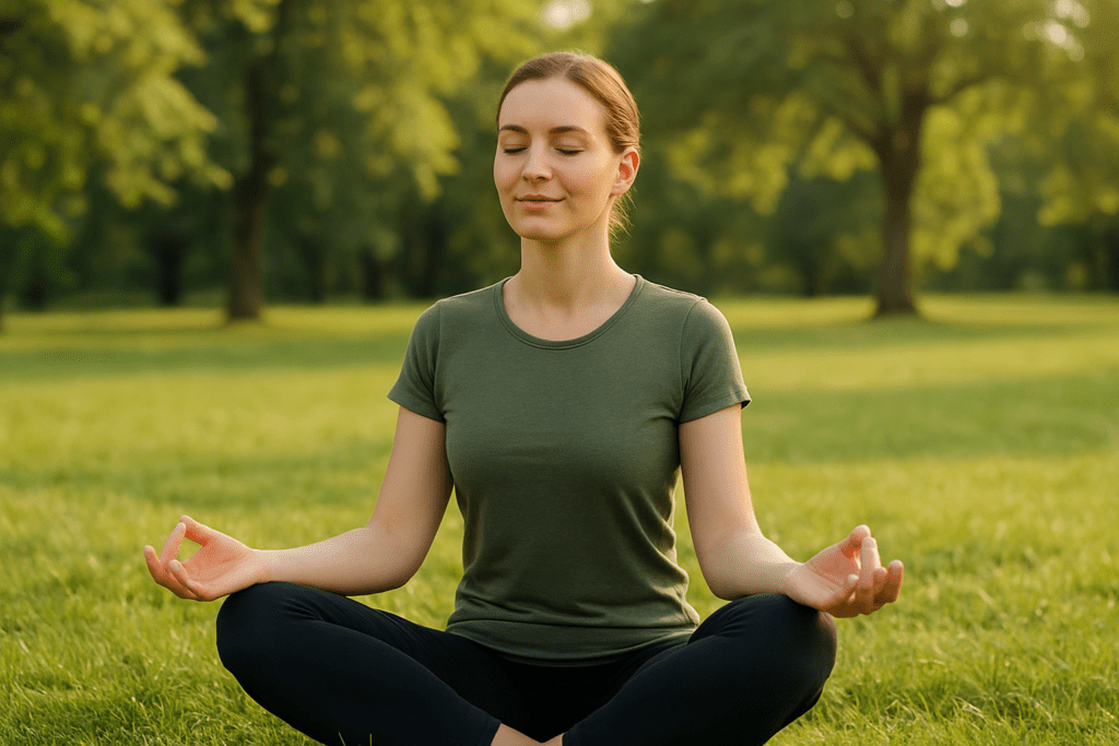 Uma pessoa em uma pose de yoga ou praticando uma atividade física calma e focada saúde mental e exercício físico