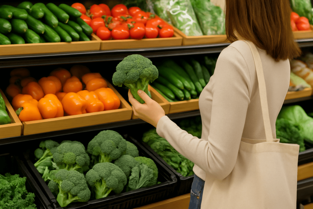 Uma pessoa escolhendo opções de alimentos saudáveis em um supermercado