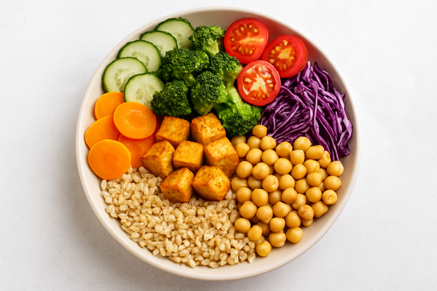 Uma refeição saudável com uma variedade de vegetais coloridos, grãos e proteínas vegetais Novas Tendências em Dietas