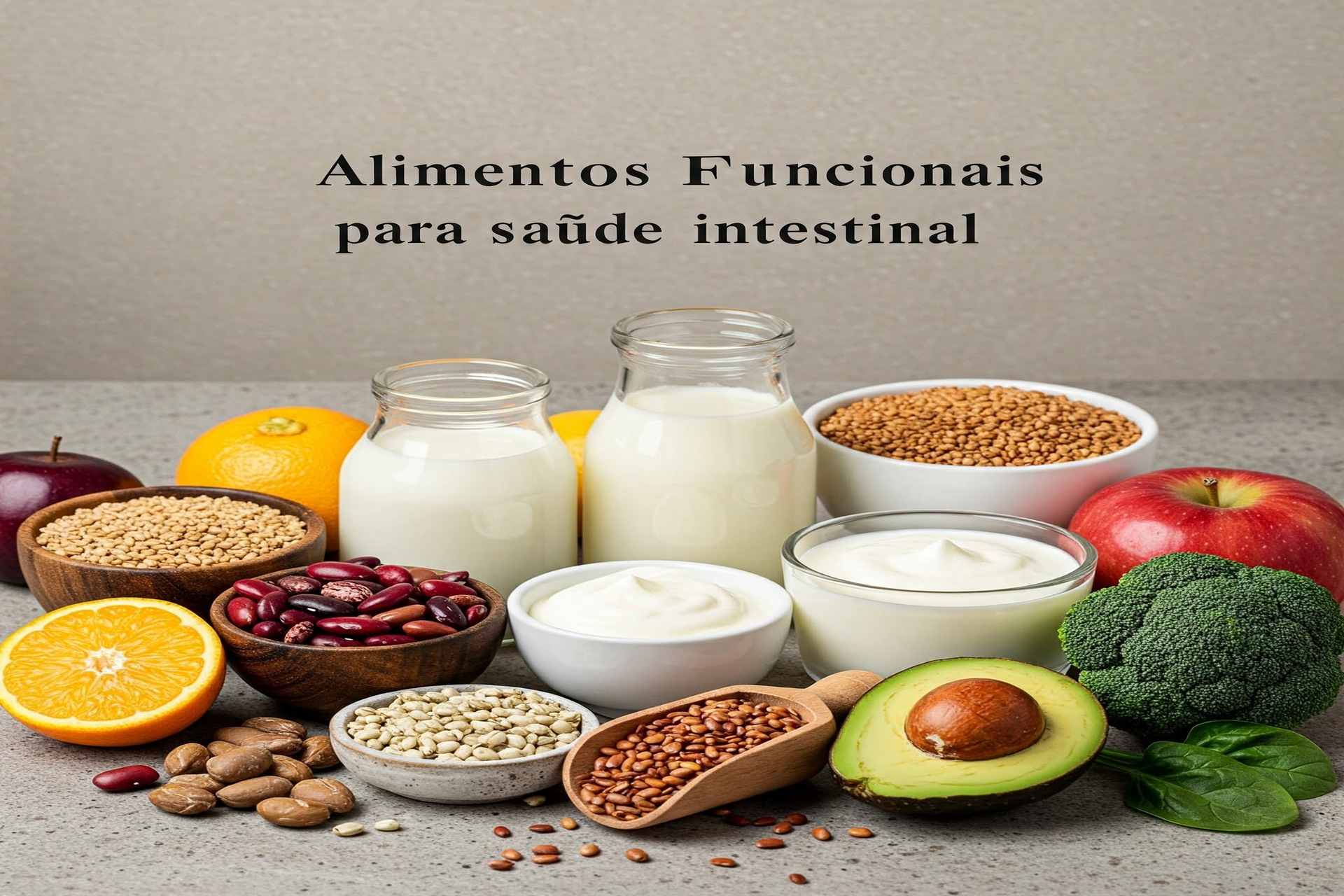 Varios alimentos saudaveis em cima de uma messa Alimentos Funcionais para Saúde Intestinal