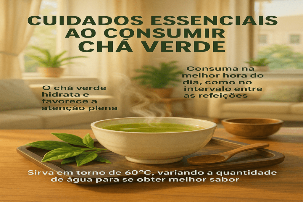  cuidados essenciais ao consumir chá verde, incluindo temperatura ideal, momento certo do dia e benefícios como h