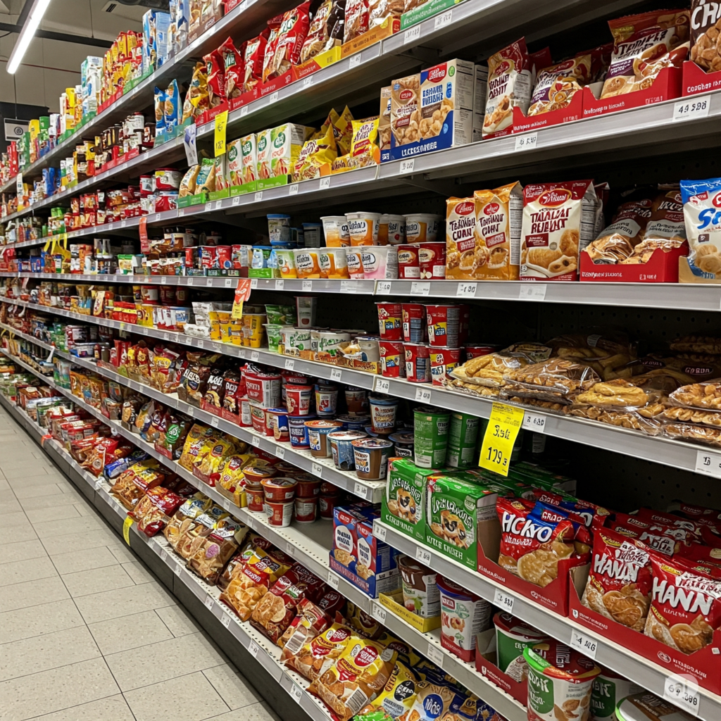 evitar Os Ultraprocessados no Supermercado vários alimentos na prateleira Compras Saudáveis no Supermercado