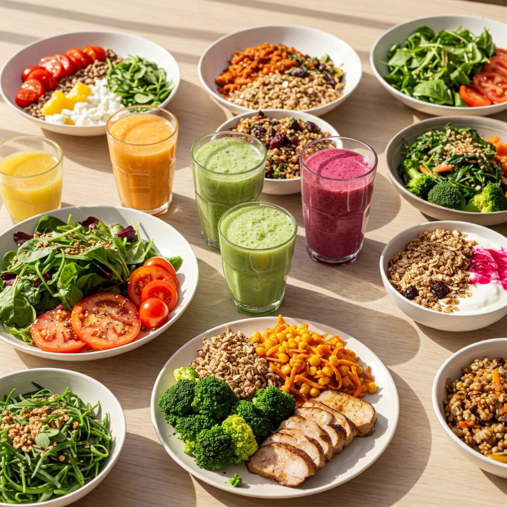 imagem apresenta uma variedade de pratos saudáveis e coloridos alimentos funcionais na dieta